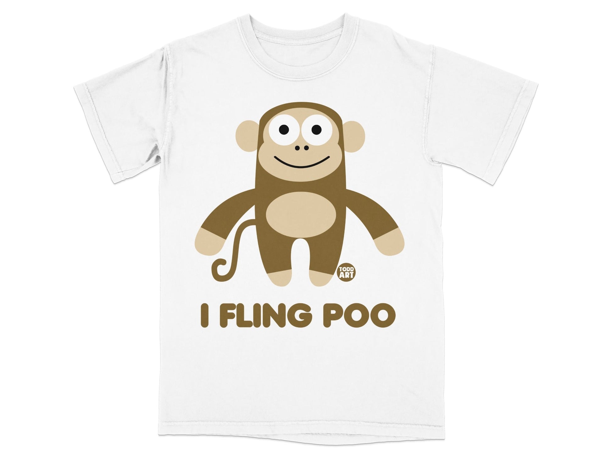 White t-shirt with cartoon monkey and text "I FLING POO".