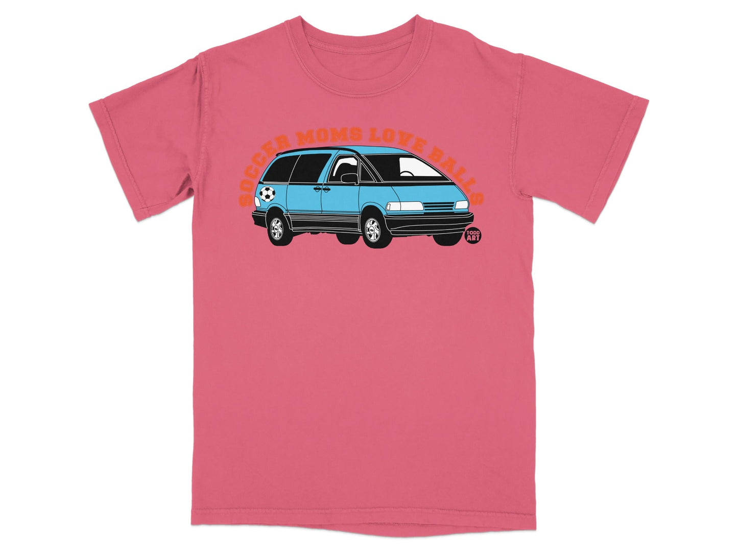 Blue minivan with "Soccer Moms Love Balls" text on a pink t-shirt.