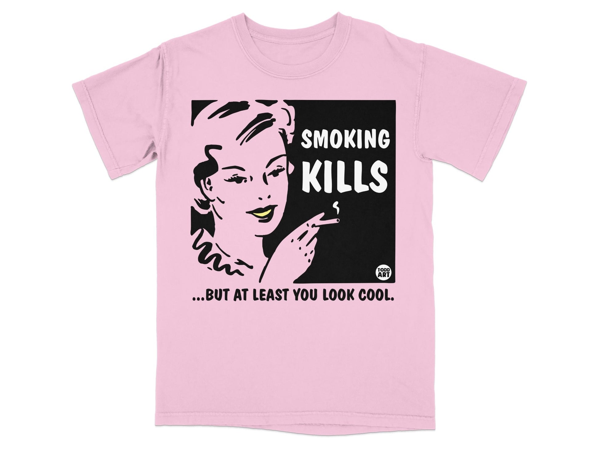 Pink t-shirt with vintage pop art "Smoking Kills" text and woman smoking.