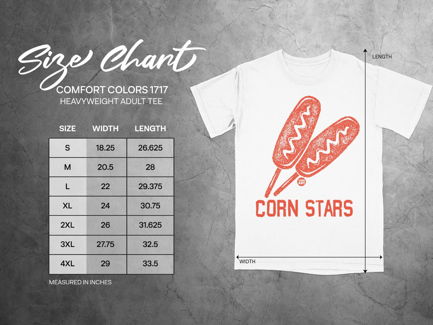 Comfort Colors 1717 heavyweight adult tee size chart with corn stars graphic.