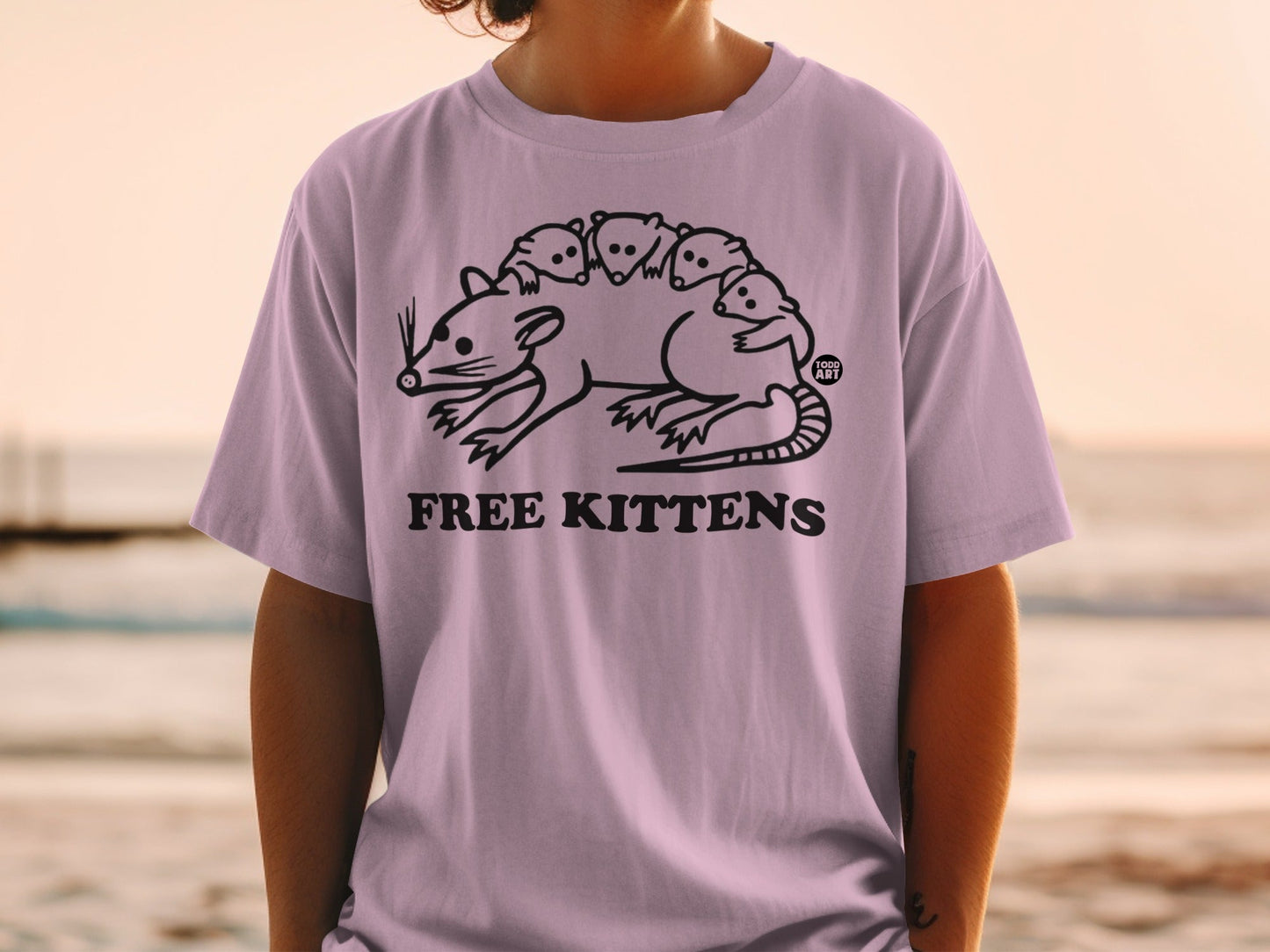T-shirt with a black line drawing of a mother opossum carrying six babies.