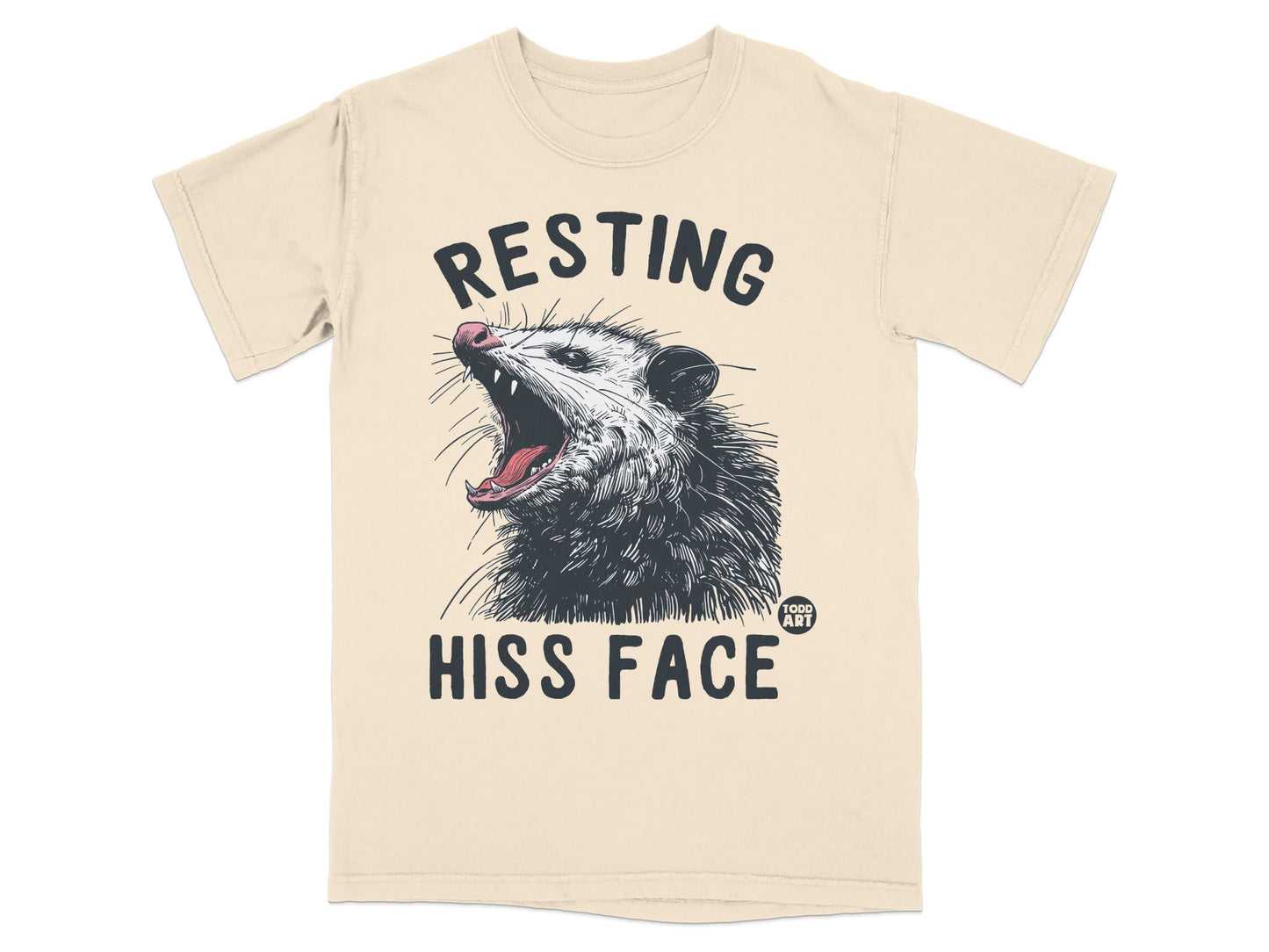 T-shirt with a drawing of an opossum's open mouth and "Resting Hiss Face" text.