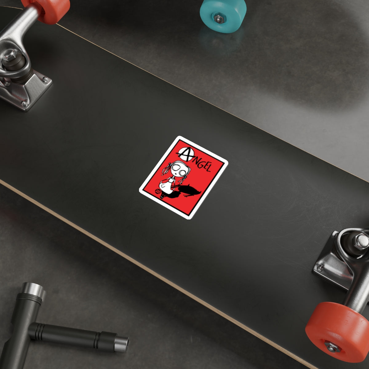 Angel Character Sticker with Red Background for Skateboard