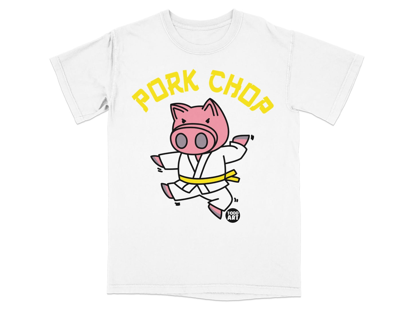 White t-shirt with cartoon pig in yellow karate belt and "Pork Chop" text.