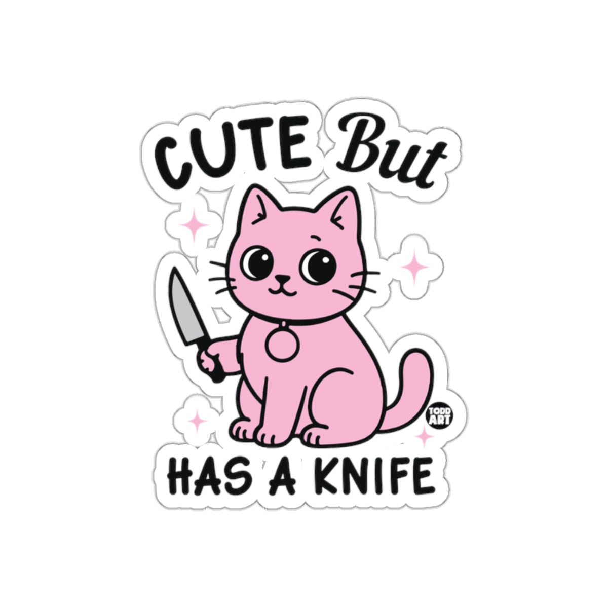 Cute But Has a Knife Pink Cat Cartoon Funny Stickers