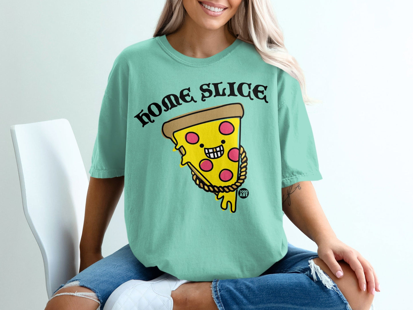 T-shirt with "HOME SLICE" text and a cartoon pizza slice wearing a gold chain.