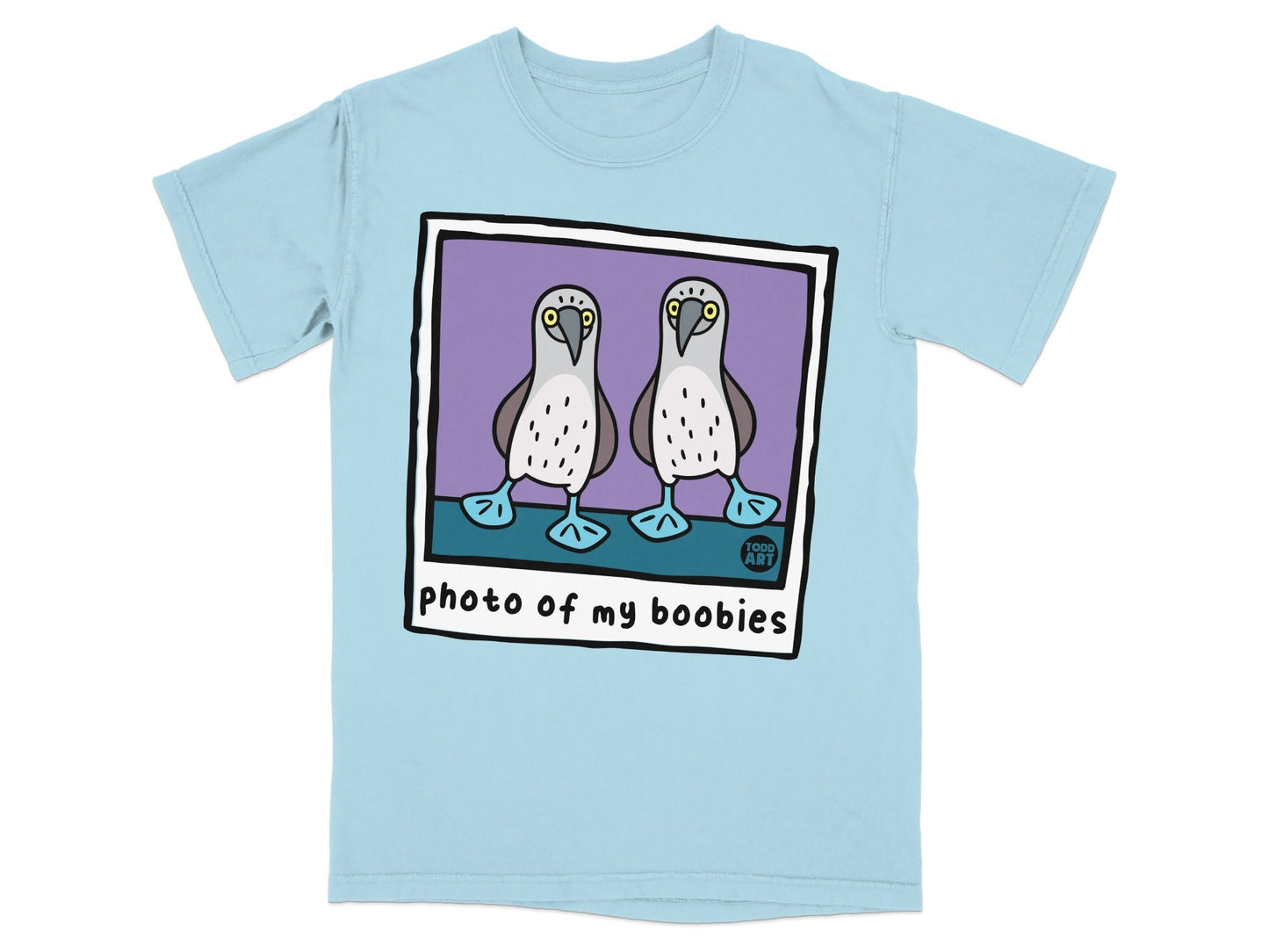 Two cartoon boobies on a light blue t-shirt with "photo of my boobies" text.