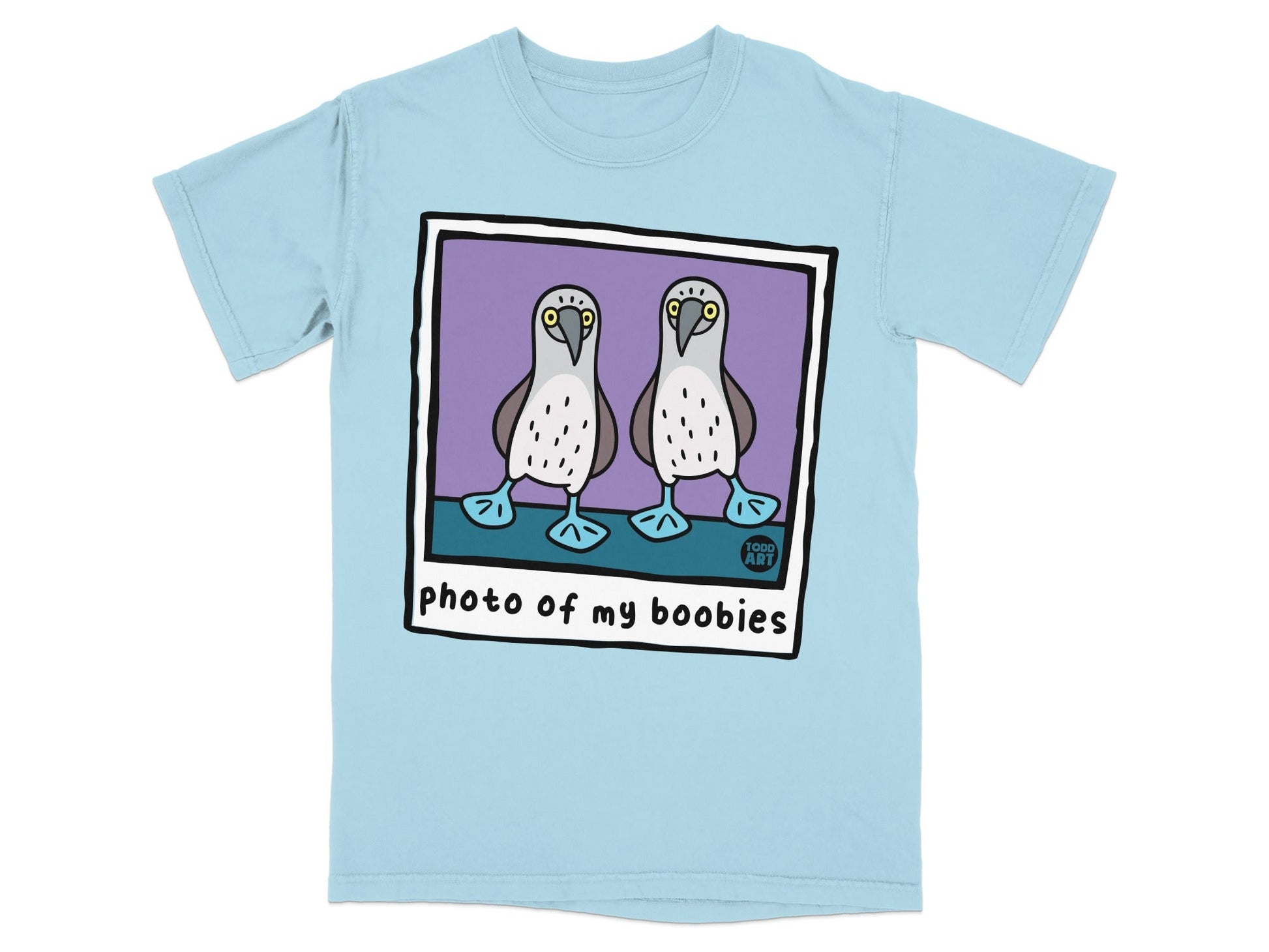Two cartoon boobies on a light blue t-shirt with "photo of my boobies" text.
