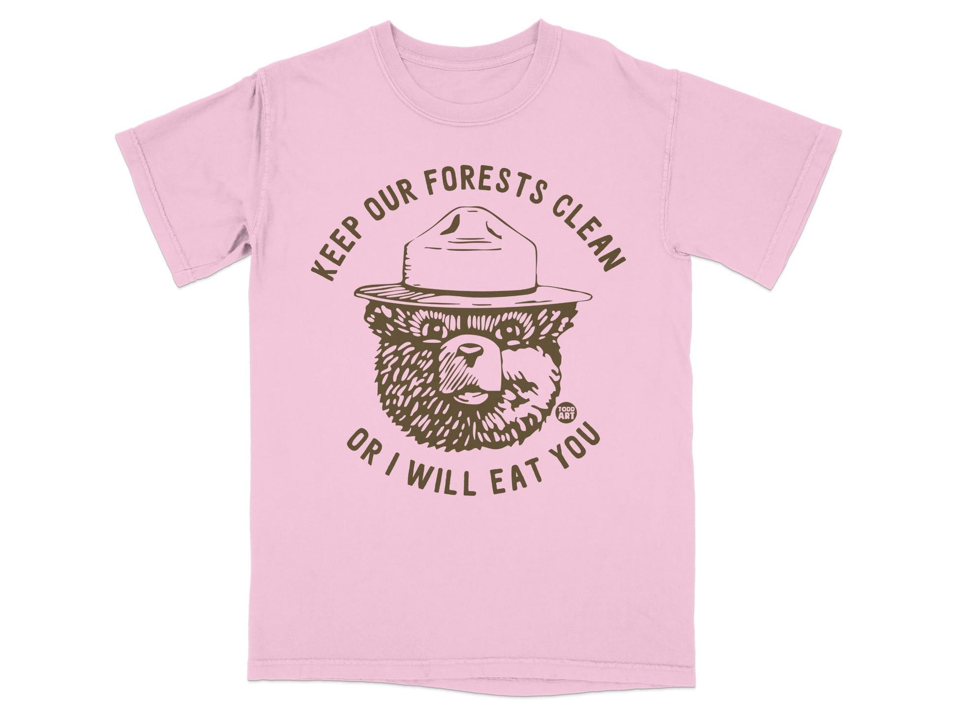 Pink t-shirt with Smokey Bear illustration and text "KEEP OUR FORESTS CLEAN OR I WILL EAT YOU".