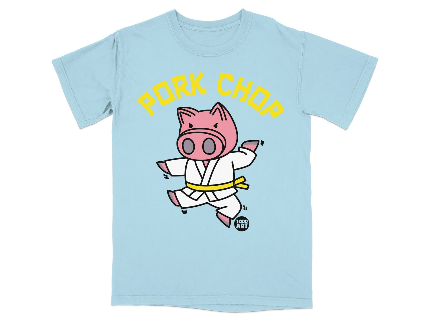 Light blue t-shirt featuring cartoon pig in karate gi with "Pork Chop" text.