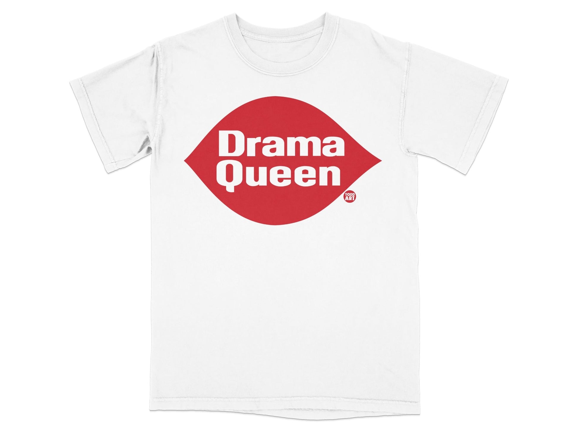 White t-shirt with red "Drama Queen" logo in a diamond shape.