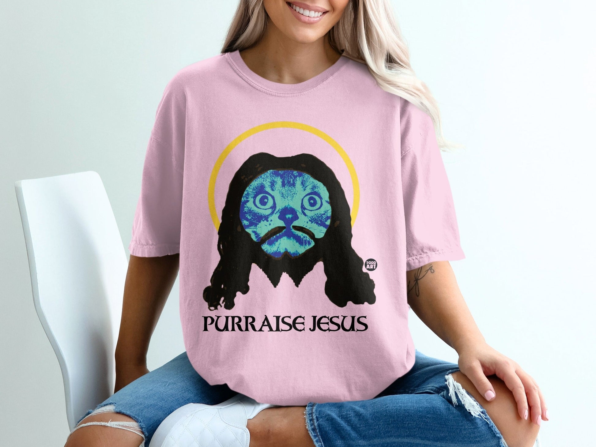 Purraise Jesus Cat Graphic Tee Shirt T-shirt