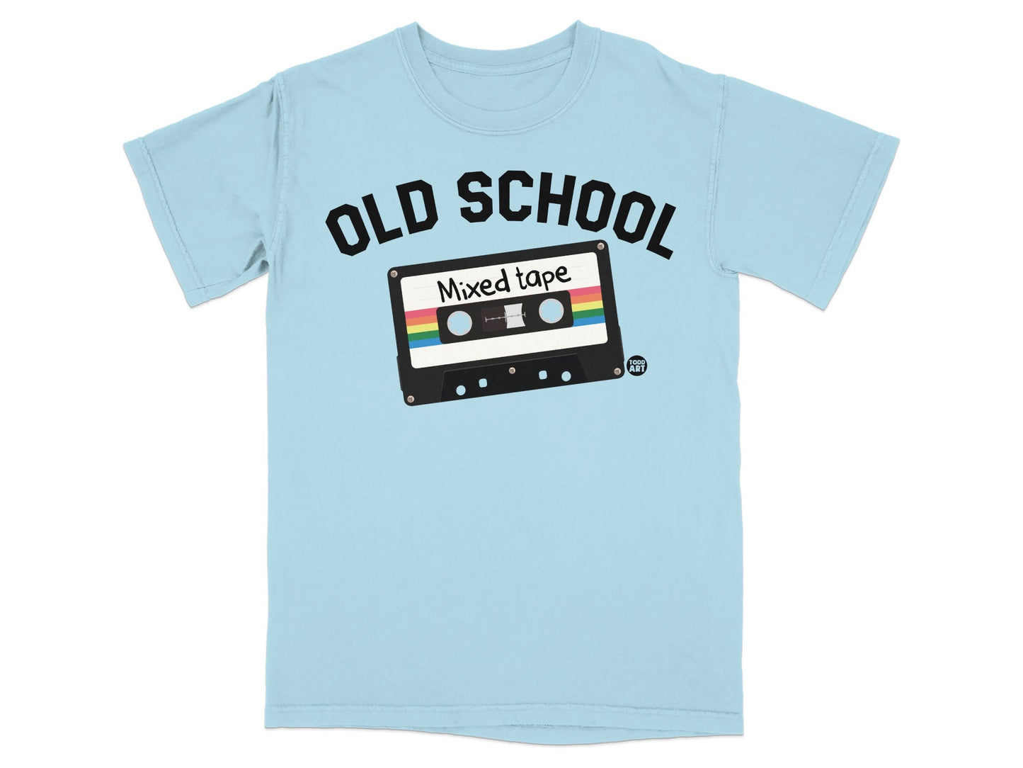 Light blue t-shirt with "Old School Mixed Tape" printed on front.
