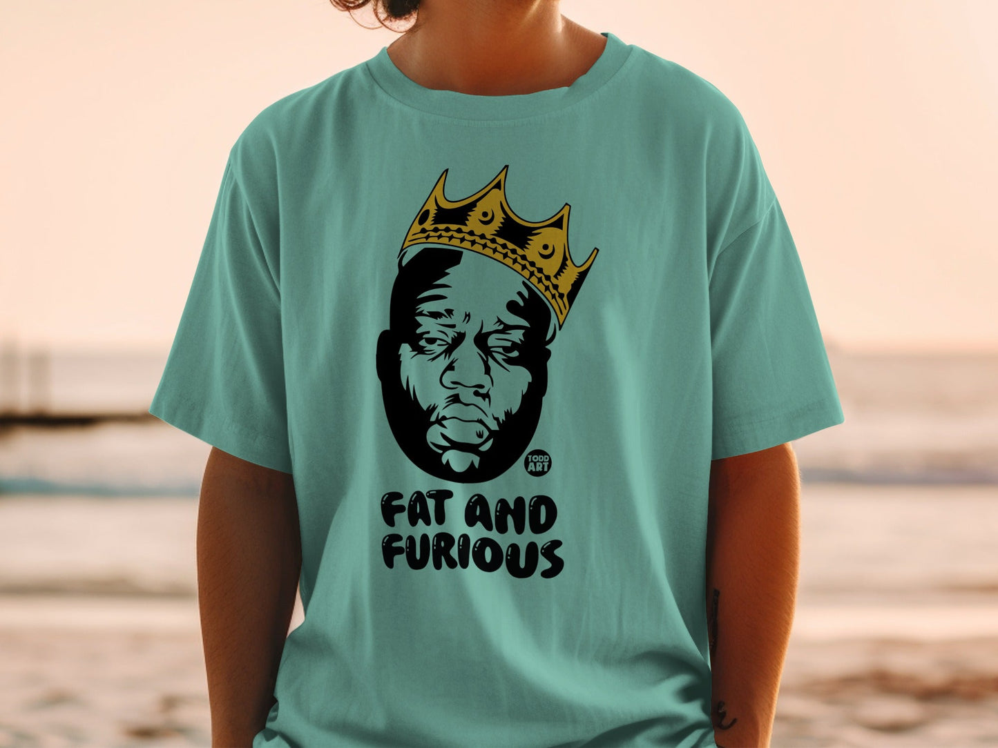 T-shirt featuring a portrait of Biggie Smalls wearing a crown, text "FAT AND FURIOUS".