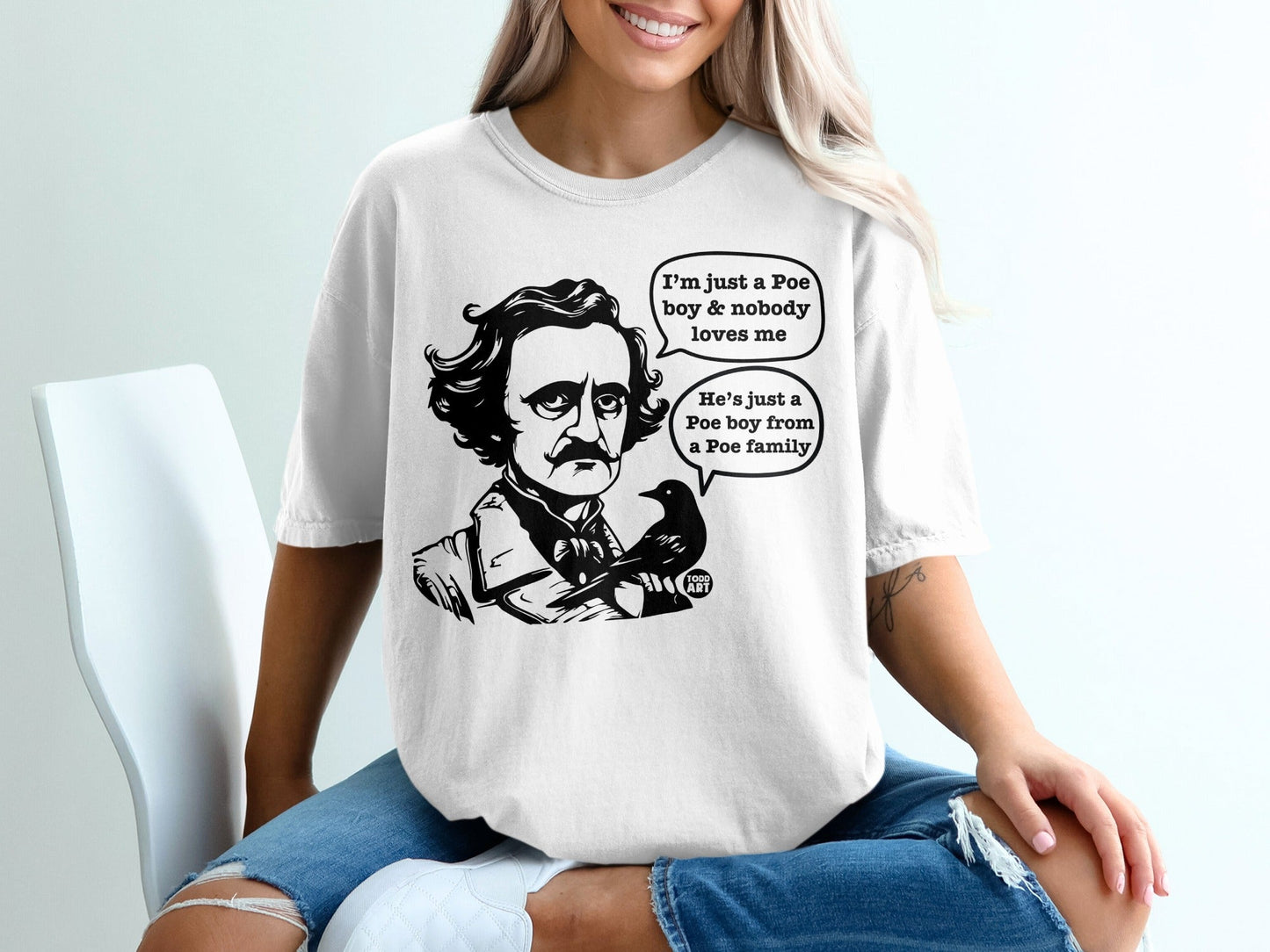 Edgar Allan Poe illustration on a white t-shirt with speech bubbles.