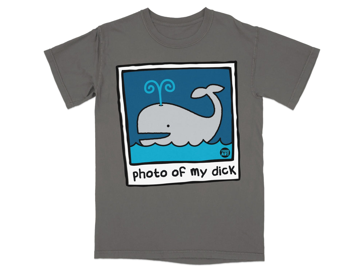 Gray t-shirt with cartoon whale on blue waves, text "photo of my dick".
