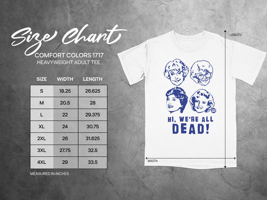 Size chart for a heavyweight adult tee with Golden Girls graphic.
