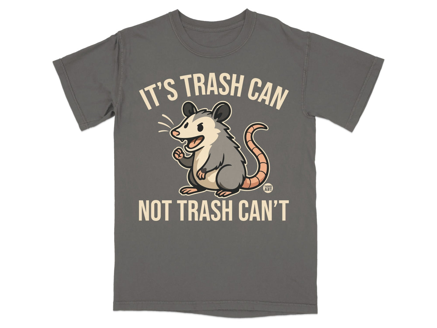 Cartoon possum wearing a shirt that says "It's Trash Can, Not Trash Can't."