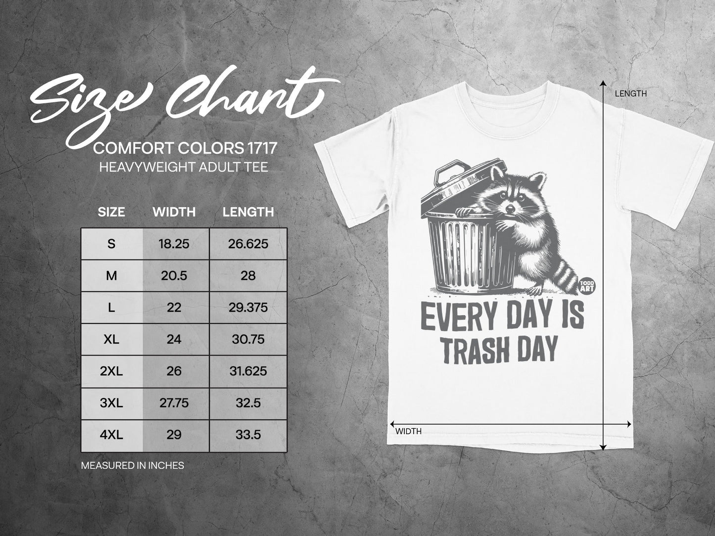 Comfort Colors 1717 t-shirt size chart with raccoon and trash can graphic.
