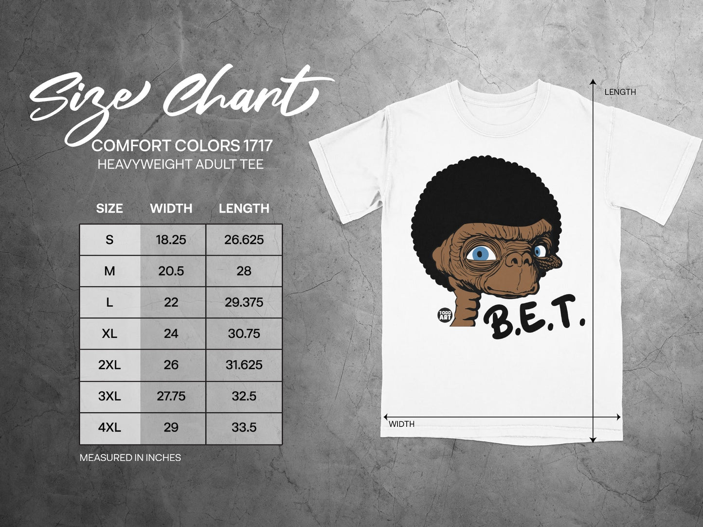 Size chart for a heavyweight adult tee with BET logo.