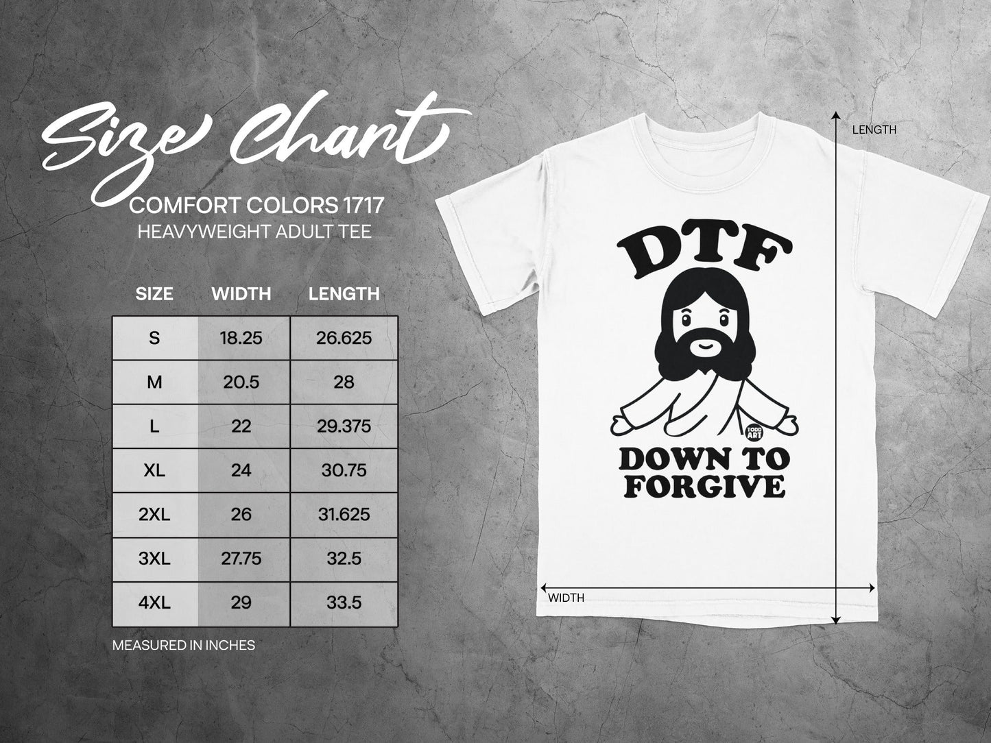Comfort Colors 1717 size chart for heavyweight adult tee with graphic.