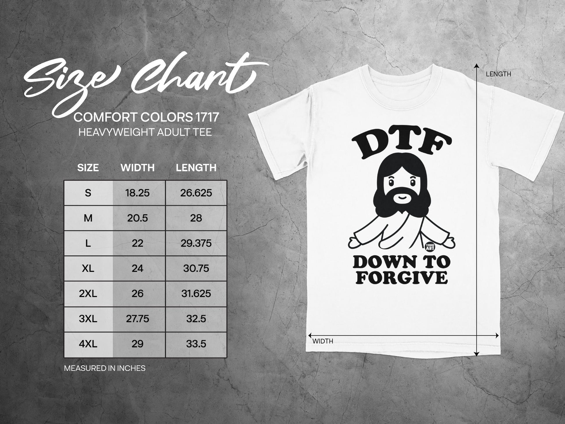 Comfort Colors 1717 size chart for heavyweight adult tee with graphic.