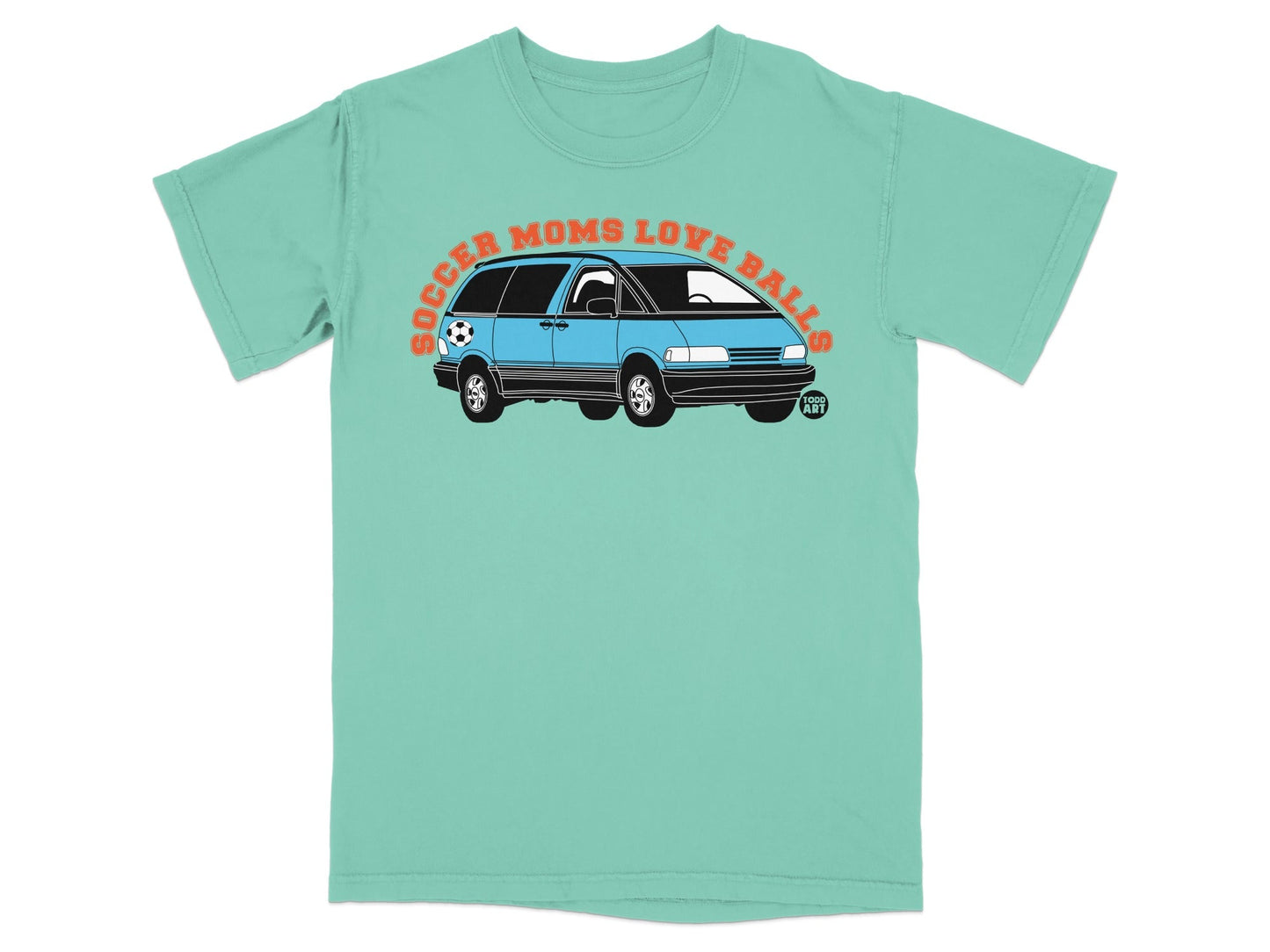 Teal t-shirt with blue minivan and "SOCCER MOMS LOVE BALLS" text.