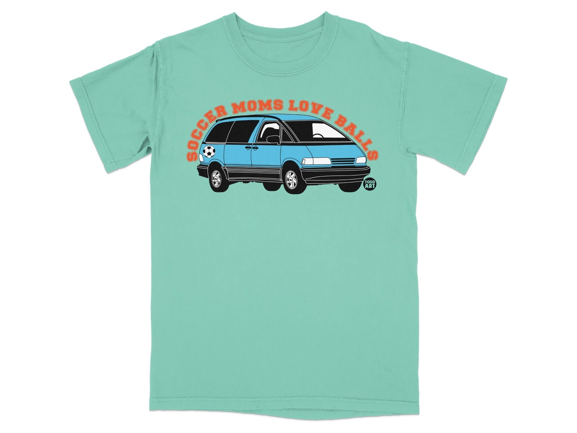 Teal t-shirt with blue minivan and "SOCCER MOMS LOVE BALLS" text.
