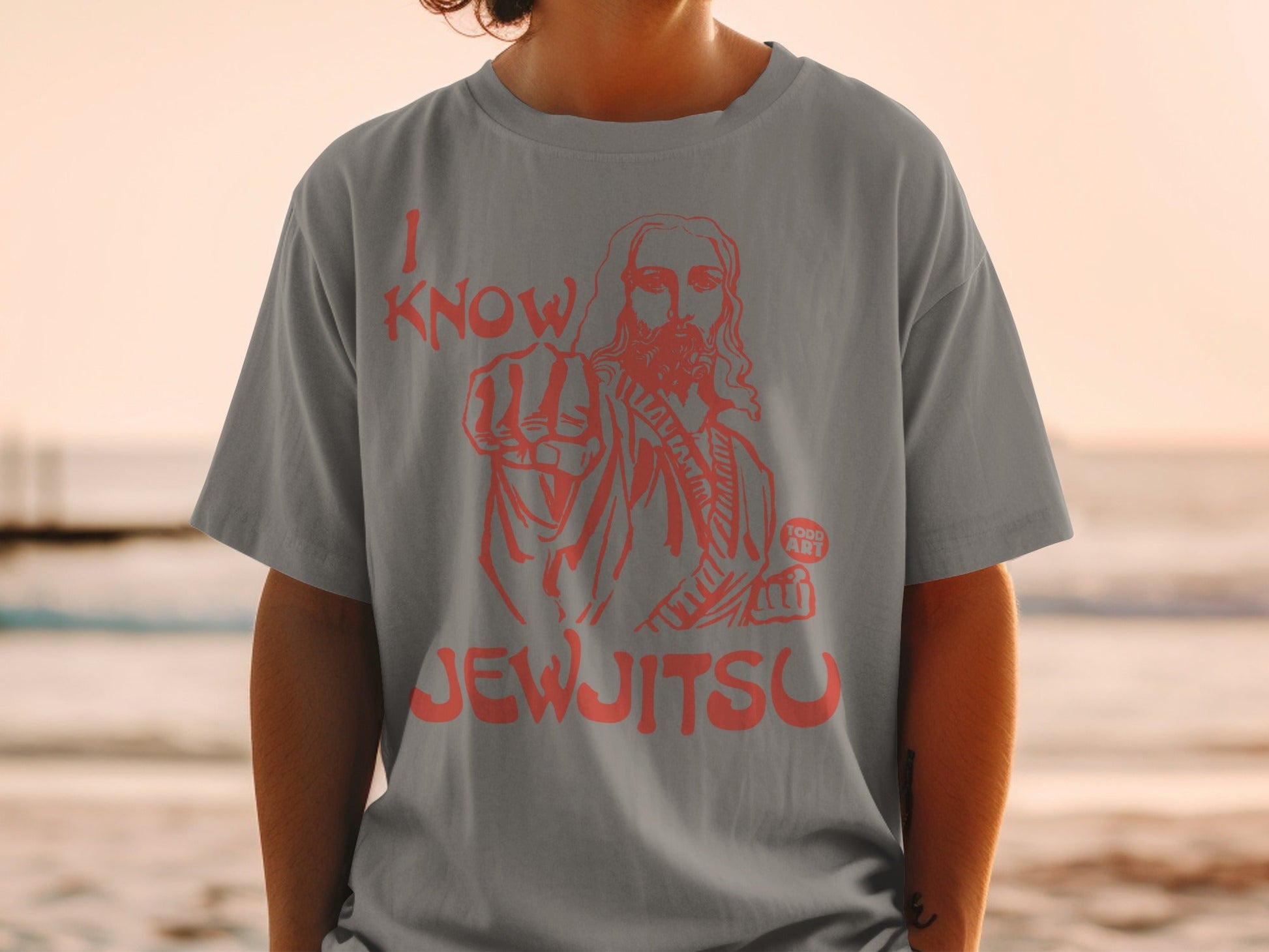 Grey t-shirt with "I Know JewJitsu" text and Jesus pointing forward.