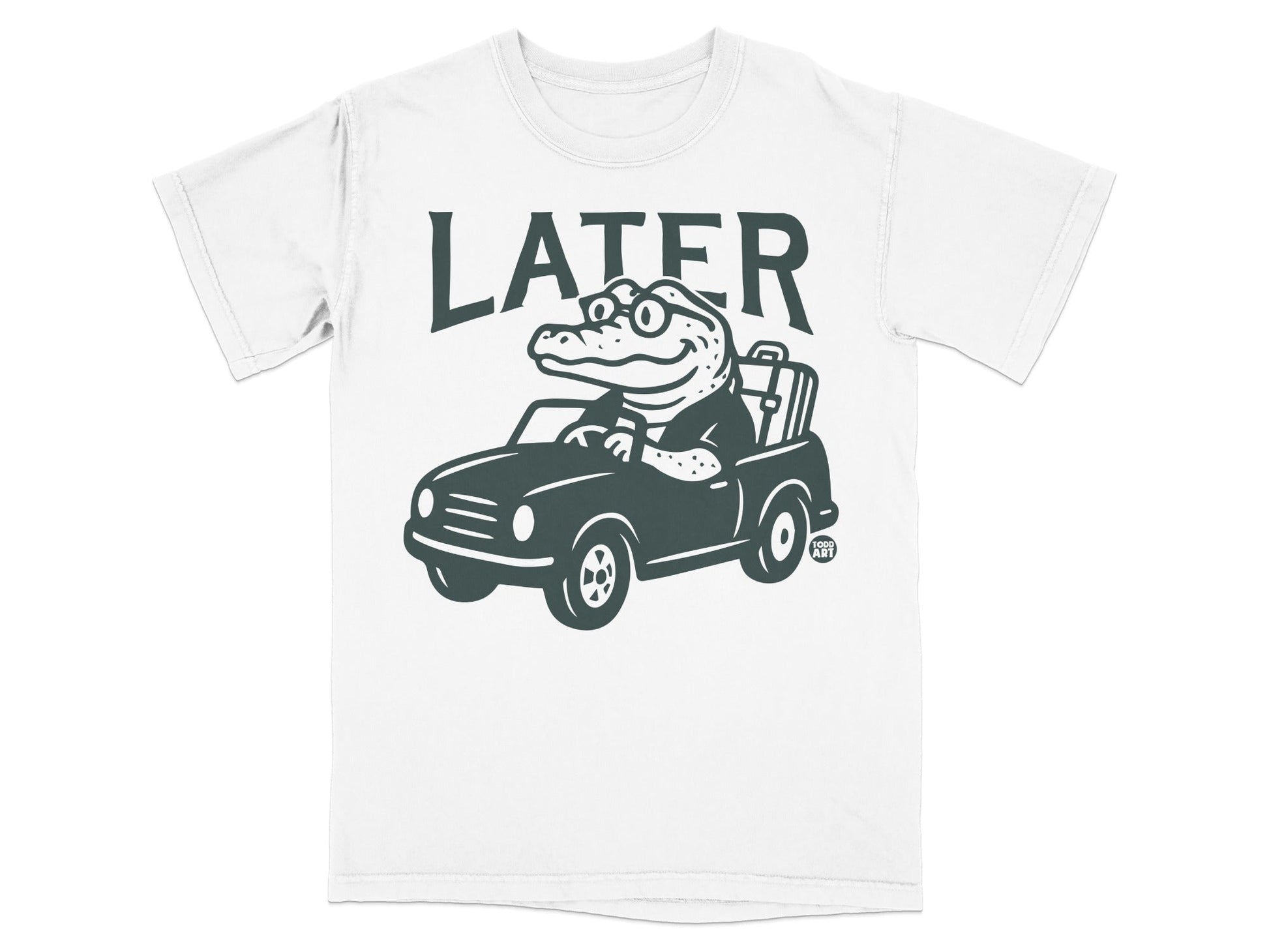 Alligator in a convertible with glasses, "LATER" text above.