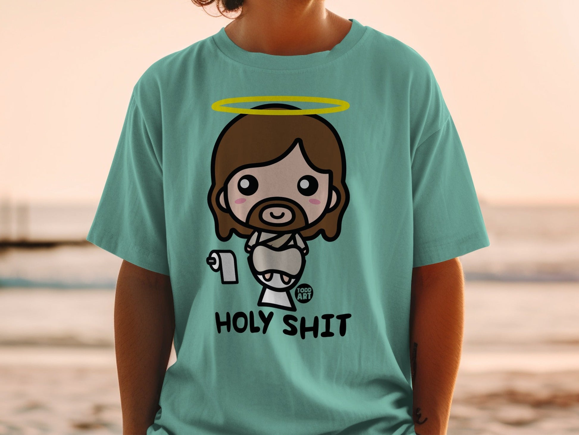 Jesus in cartoon style holding toilet paper with halo and text "HOLY SHIT".