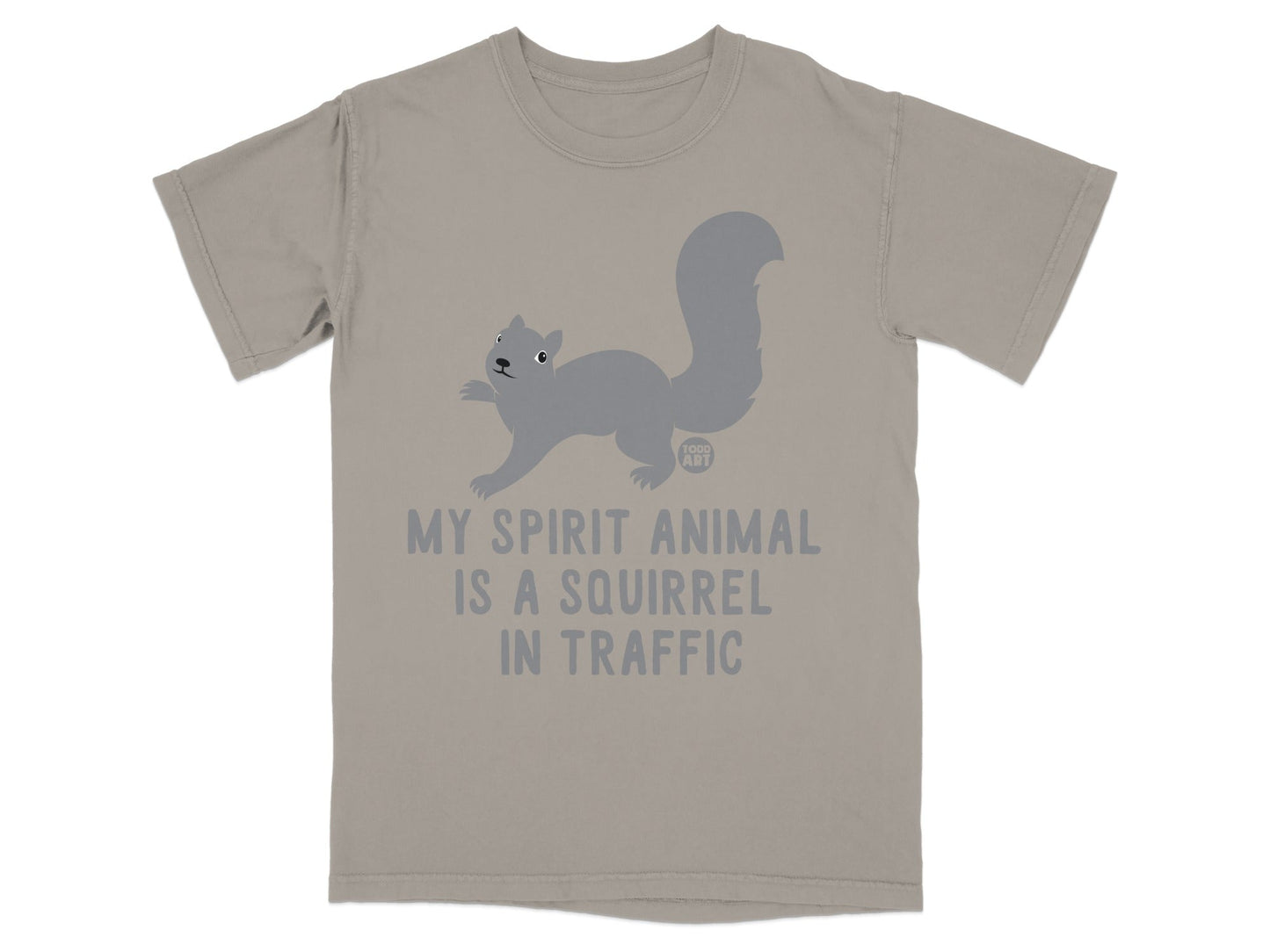 Grey t-shirt with a squirrel graphic and "My Spirit Animal is a Squirrel in Traffic" text.