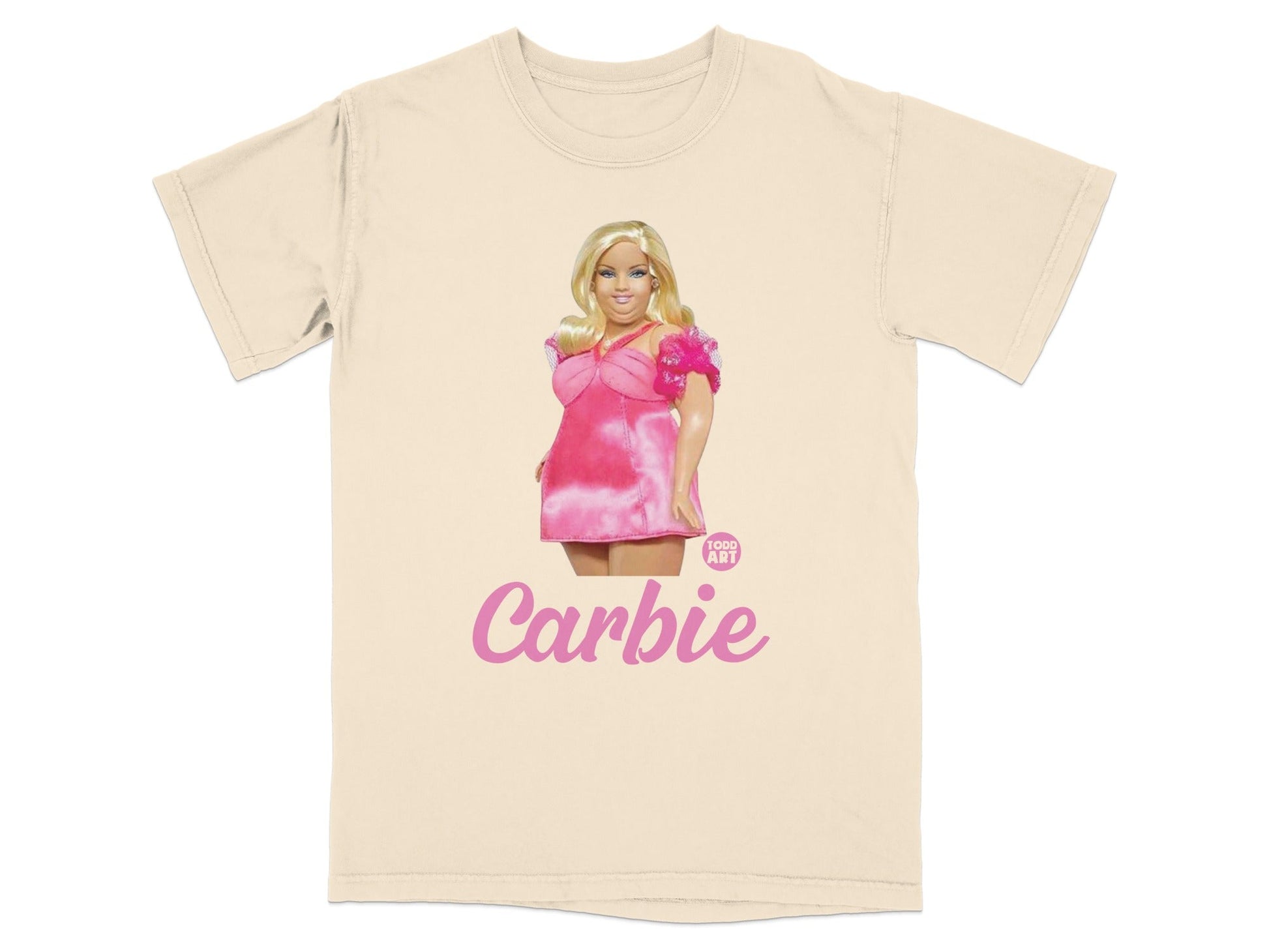 T-shirt with Barbie doll and "Carbie" logo.