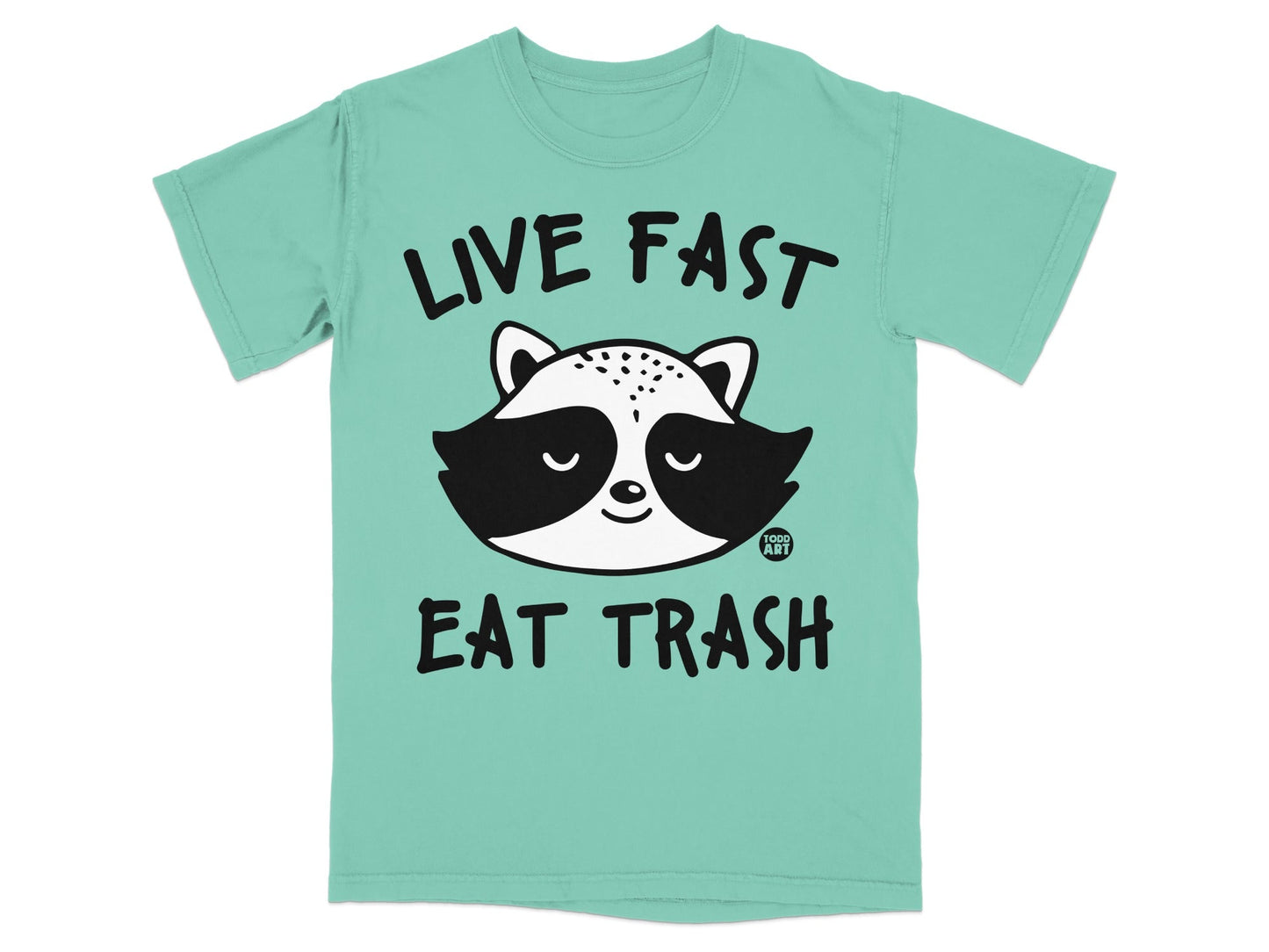 Teal t-shirt with raccoon graphic and text "LIVE FAST EAT TRASH".