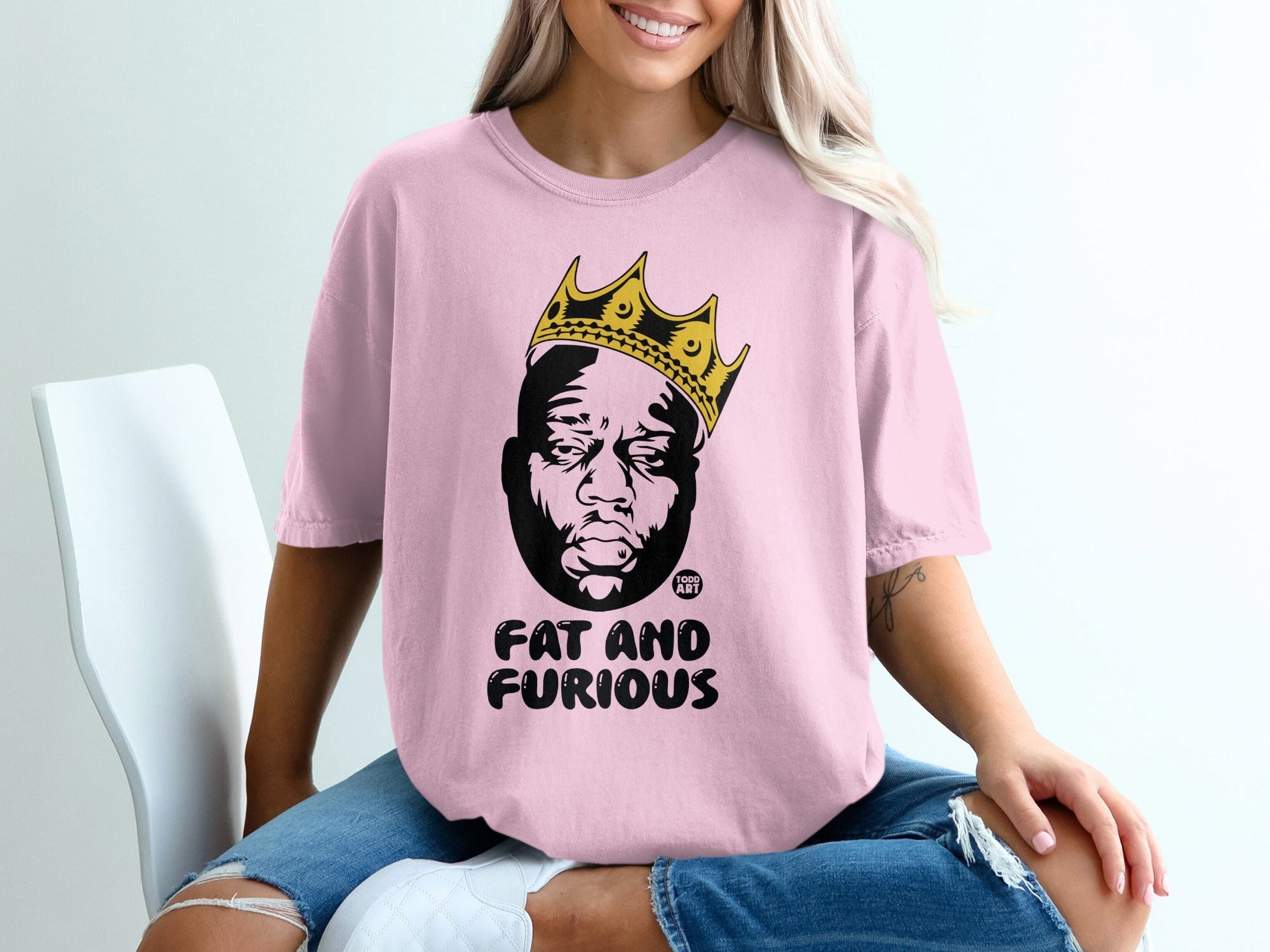 Pink t-shirt with Biggie Smalls graphic and crown, "Fat and Furious" text.