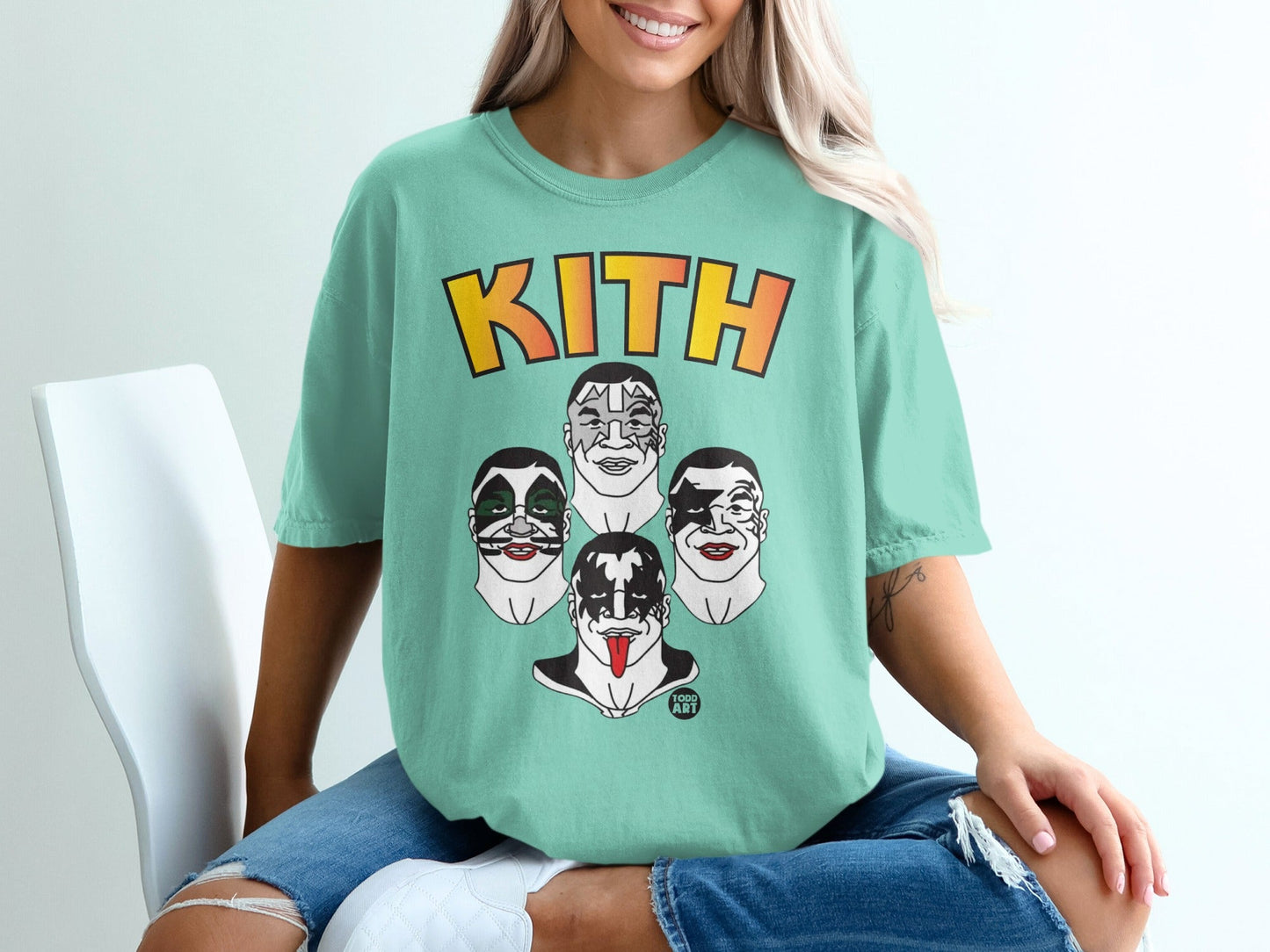 Kith t-shirt featuring four illustrated KISS band members' faces.