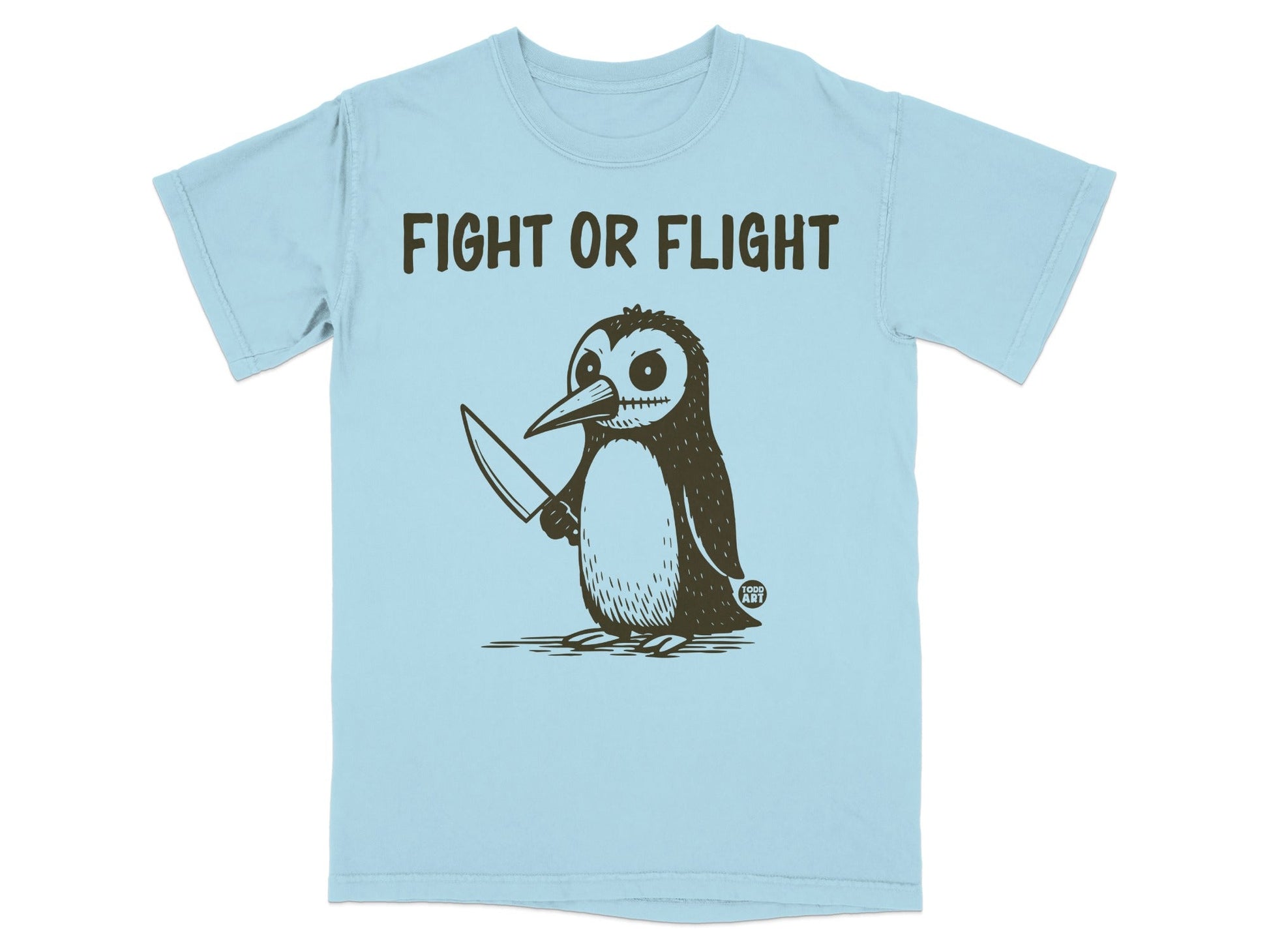 Light blue t-shirt with a cartoon penguin holding a knife.