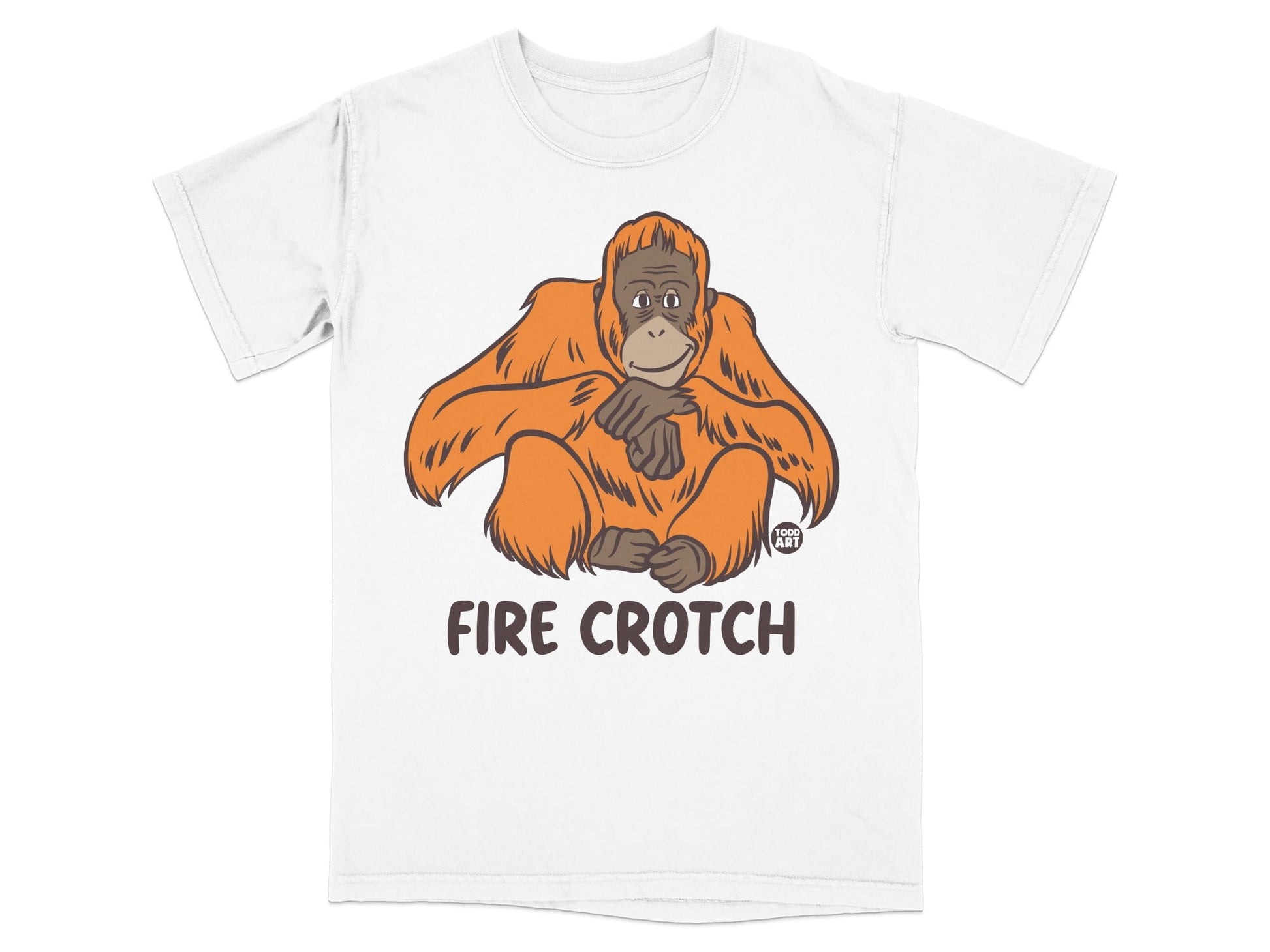 White t-shirt with a cartoon orangutan and "FIRE CROTCH" text.