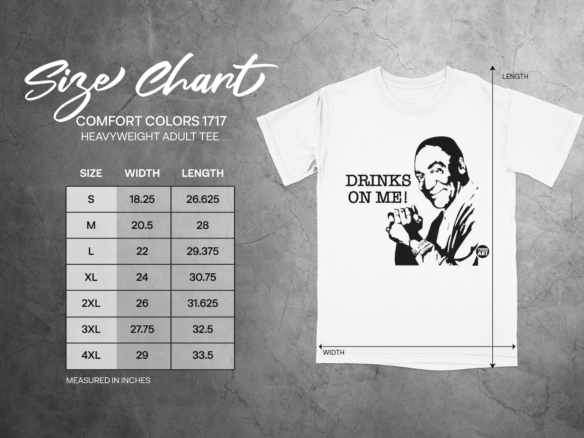 Size chart for Comfort Colors 1717 heavyweight adult tee with graphic.