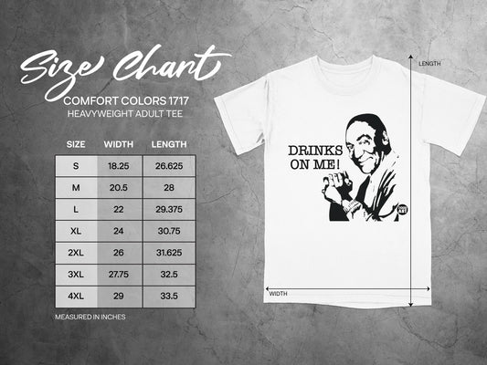 Size chart for Comfort Colors 1717 heavyweight adult tee with graphic.