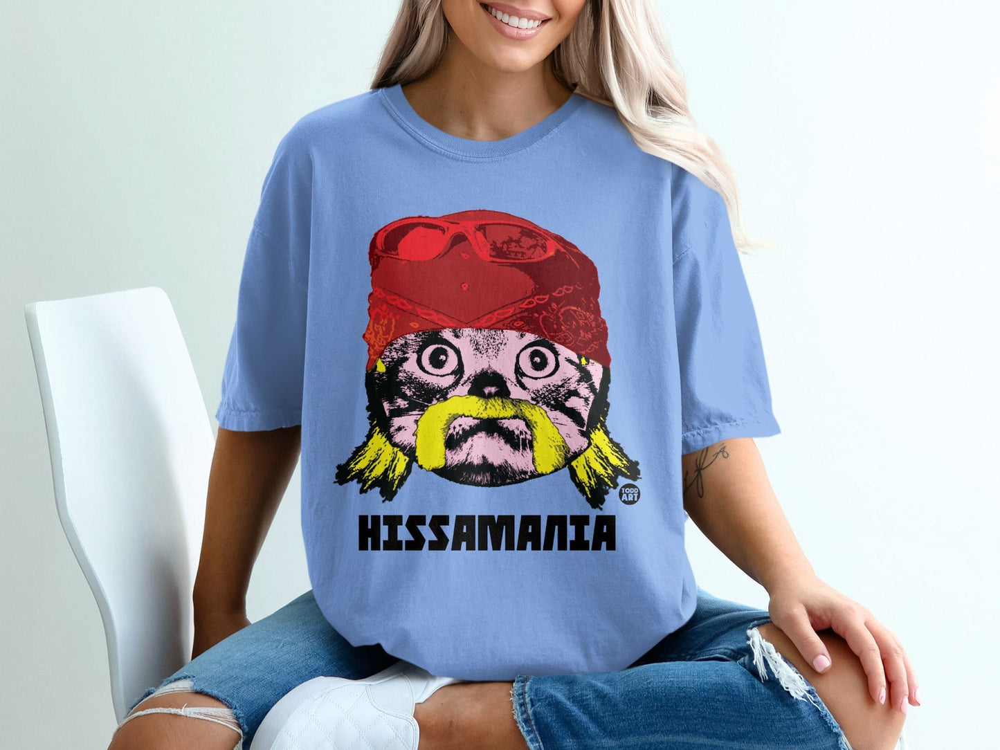 Funny Hissamania Cat Graphic Shirt with Mustache Design