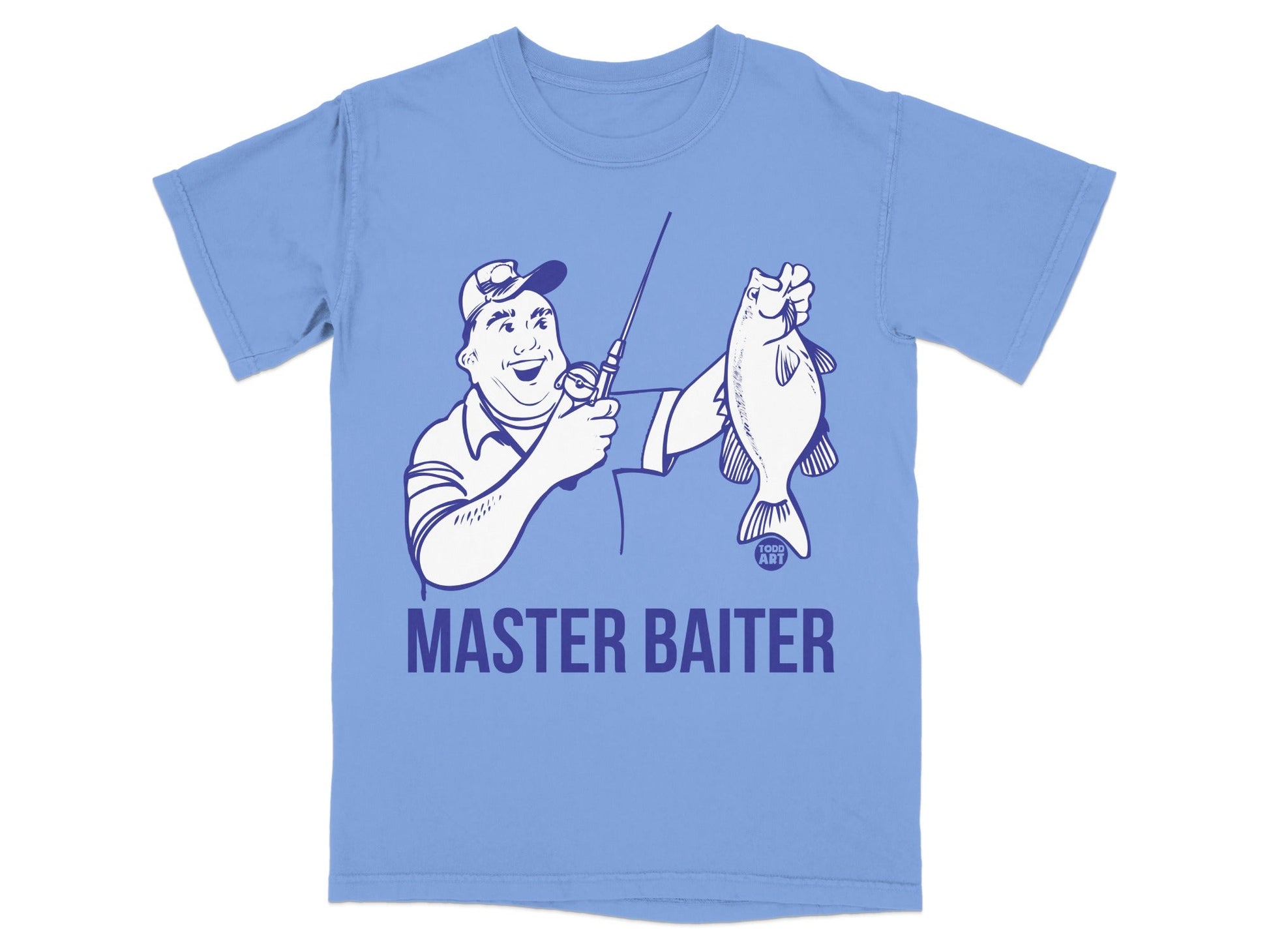 Man in light blue t-shirt holding a fish, "MASTER BAITER" text.
