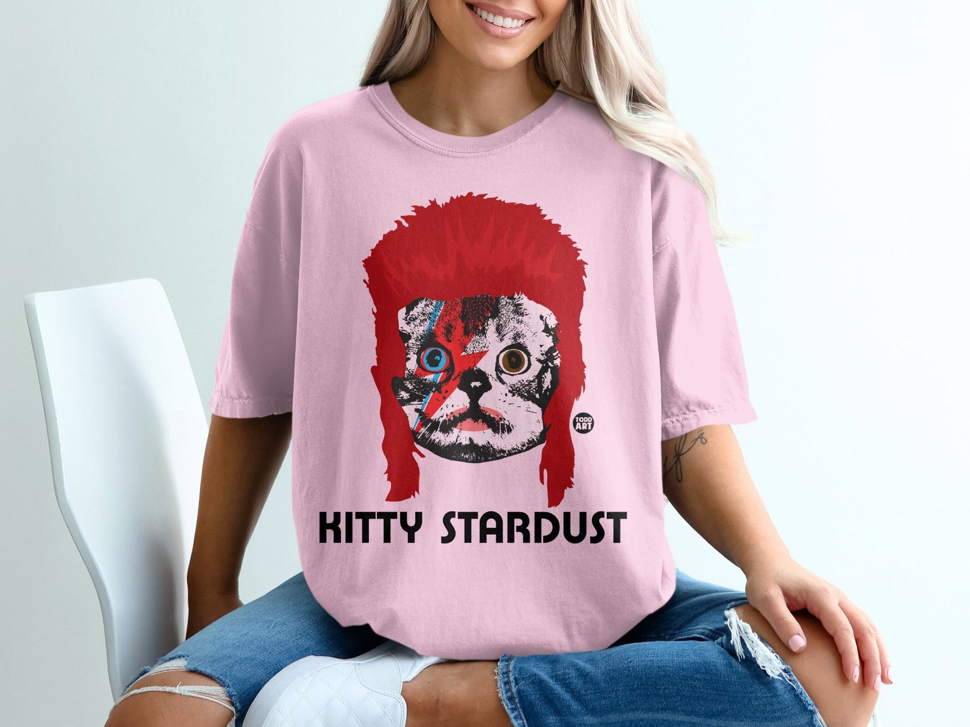 Kitty Stardust Graphic Tee with Cat and Ziggy Stardust Art