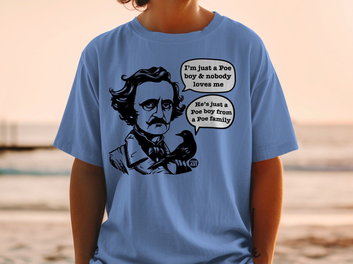 T-shirt with Edgar Allan Poe illustration and humorous dialogue bubbles.