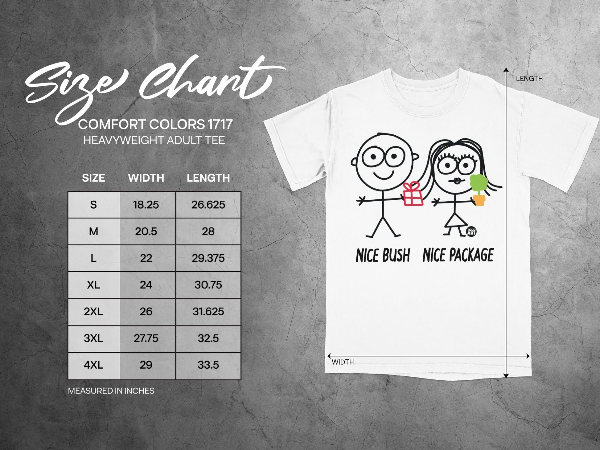 Comfort Colors 1717 size chart for heavyweight adult tee with cartoon figures.