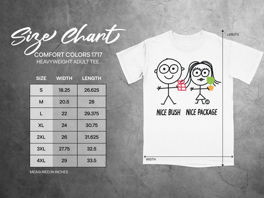 Comfort Colors 1717 size chart for heavyweight adult tee with cartoon figures.