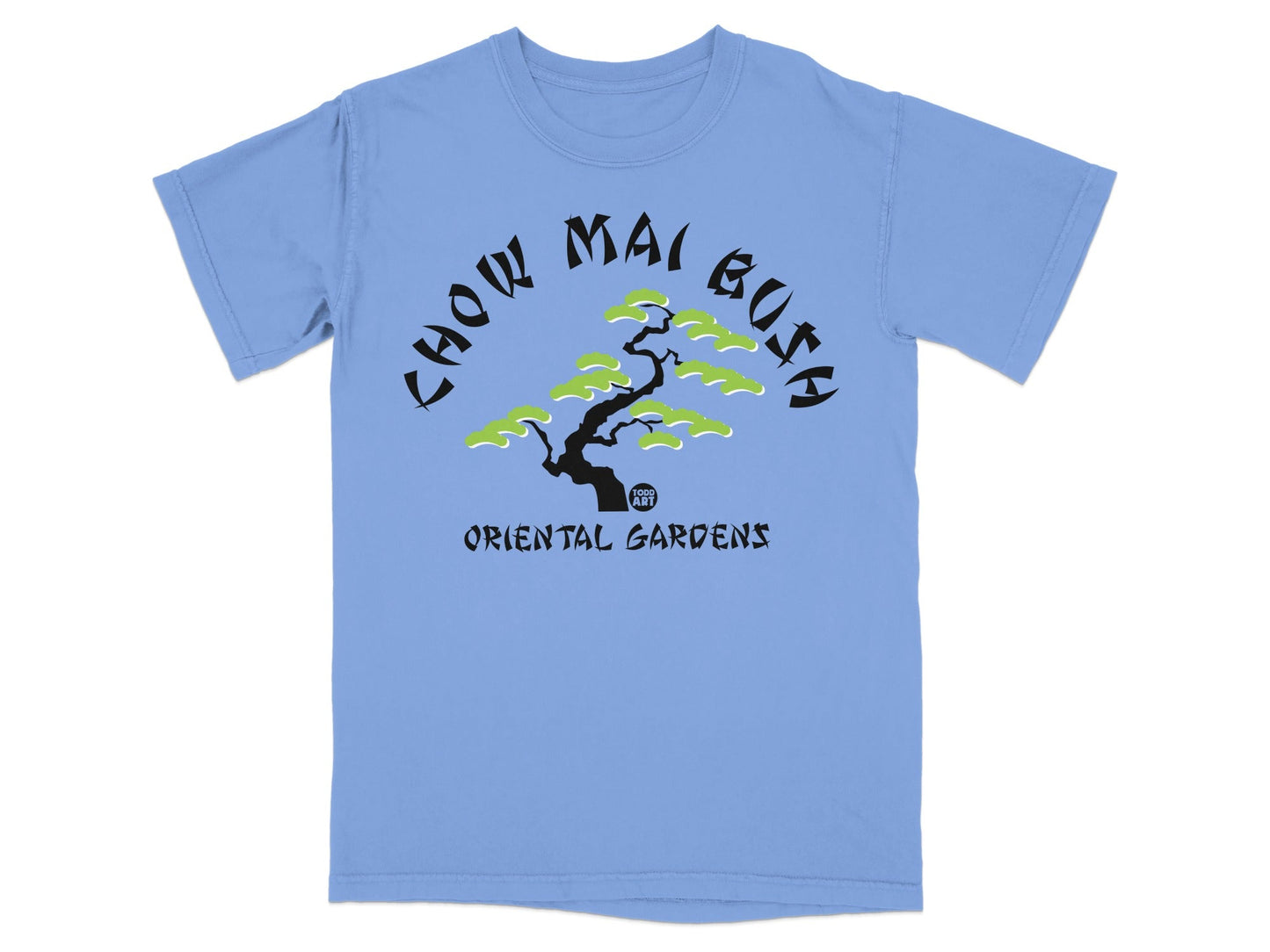 Light blue t-shirt with black and green "Chow Mai Boss Oriental Gardens" text and a tree.