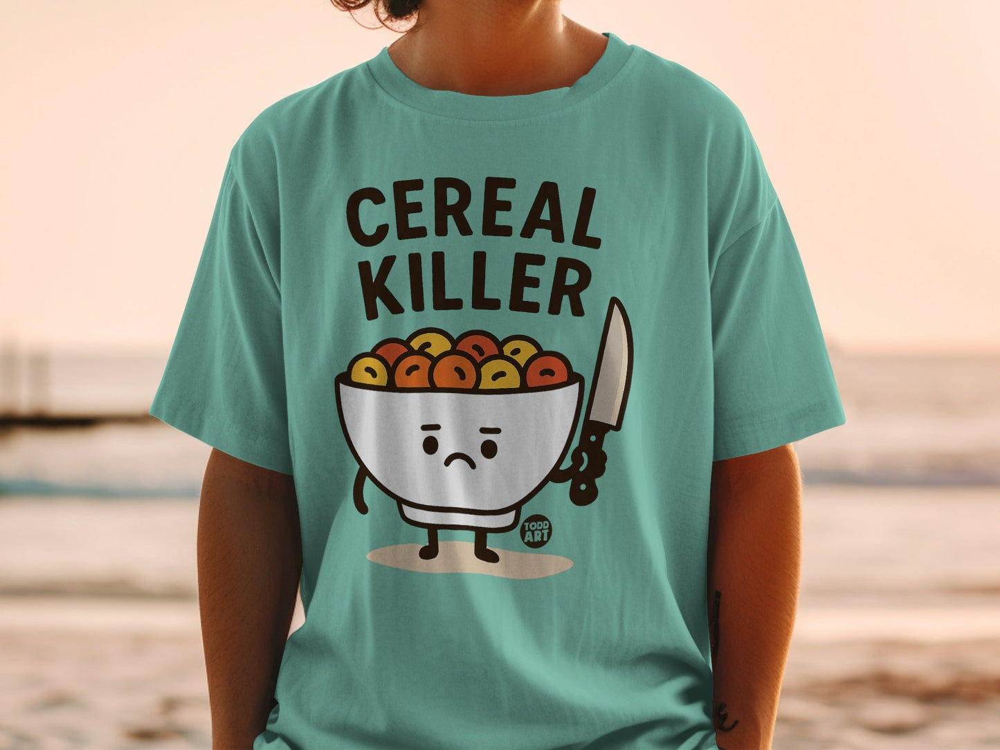 Funny Cereal Killer Graphic Teal T-shirt for Adults