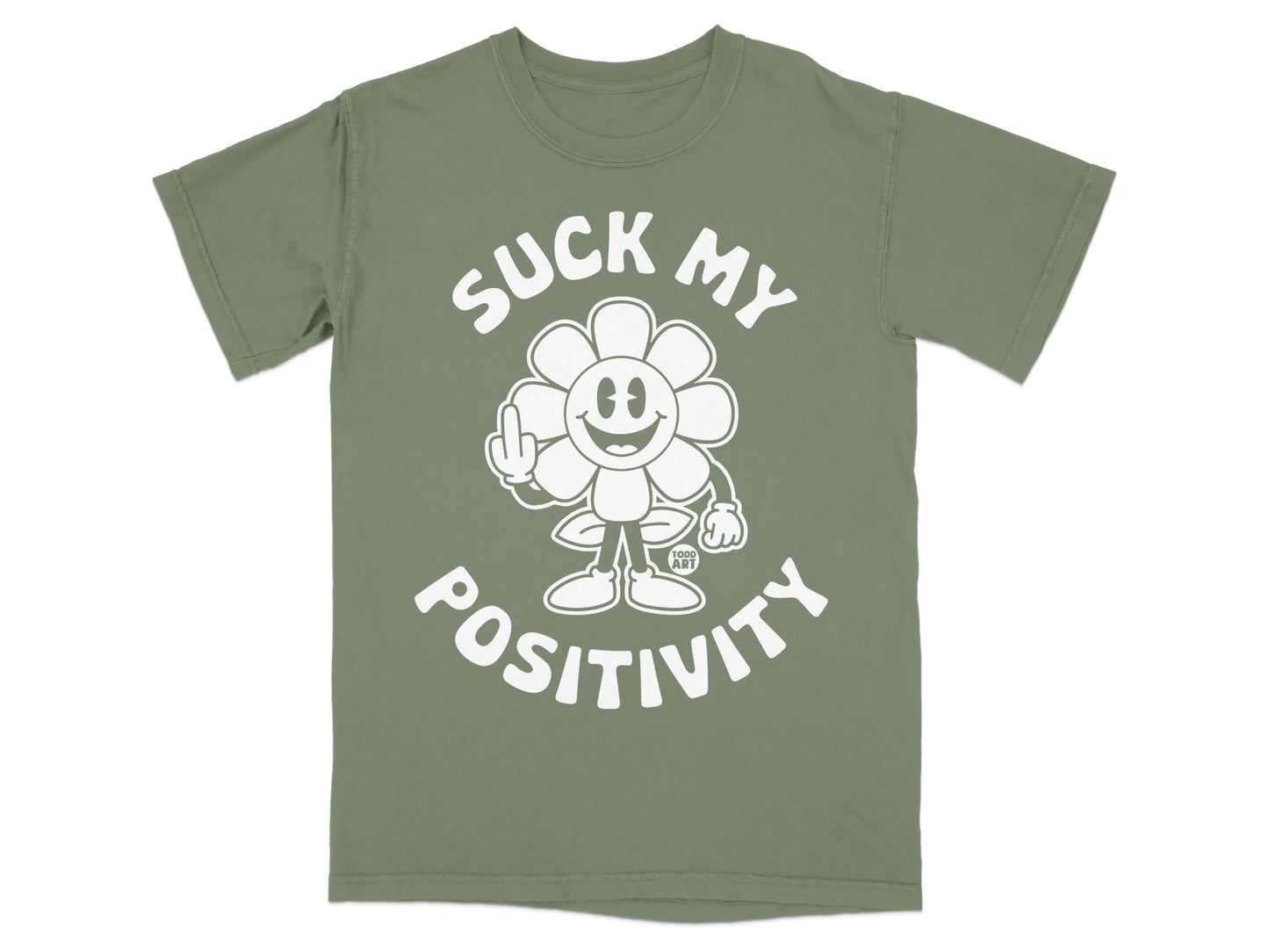 Olive green t-shirt with a white graphic of a smiling flower giving the middle finger.