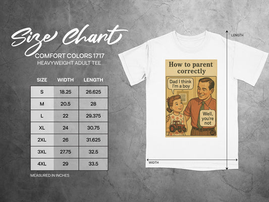Comfort Colors adult tee size chart showing width and length in inches.